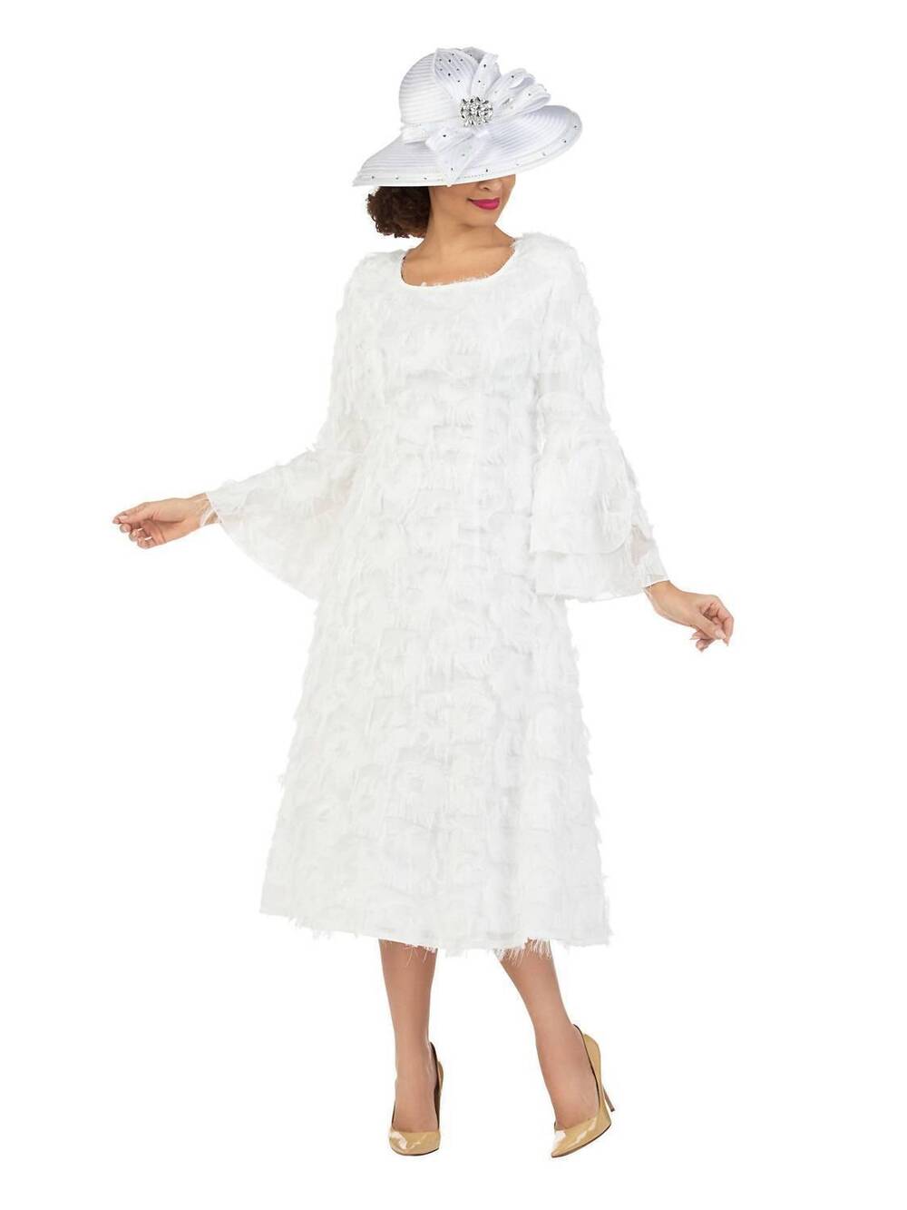 NEW GIOVANNA bell long sleeve fit & flare tassel decor dress in off white